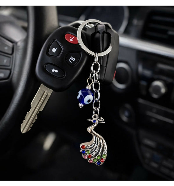 Metal peacock and evil eye charm KEYCHAIN