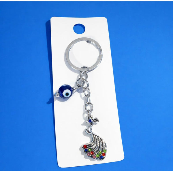 Metal peacock and evil eye charm KEYCHAIN
